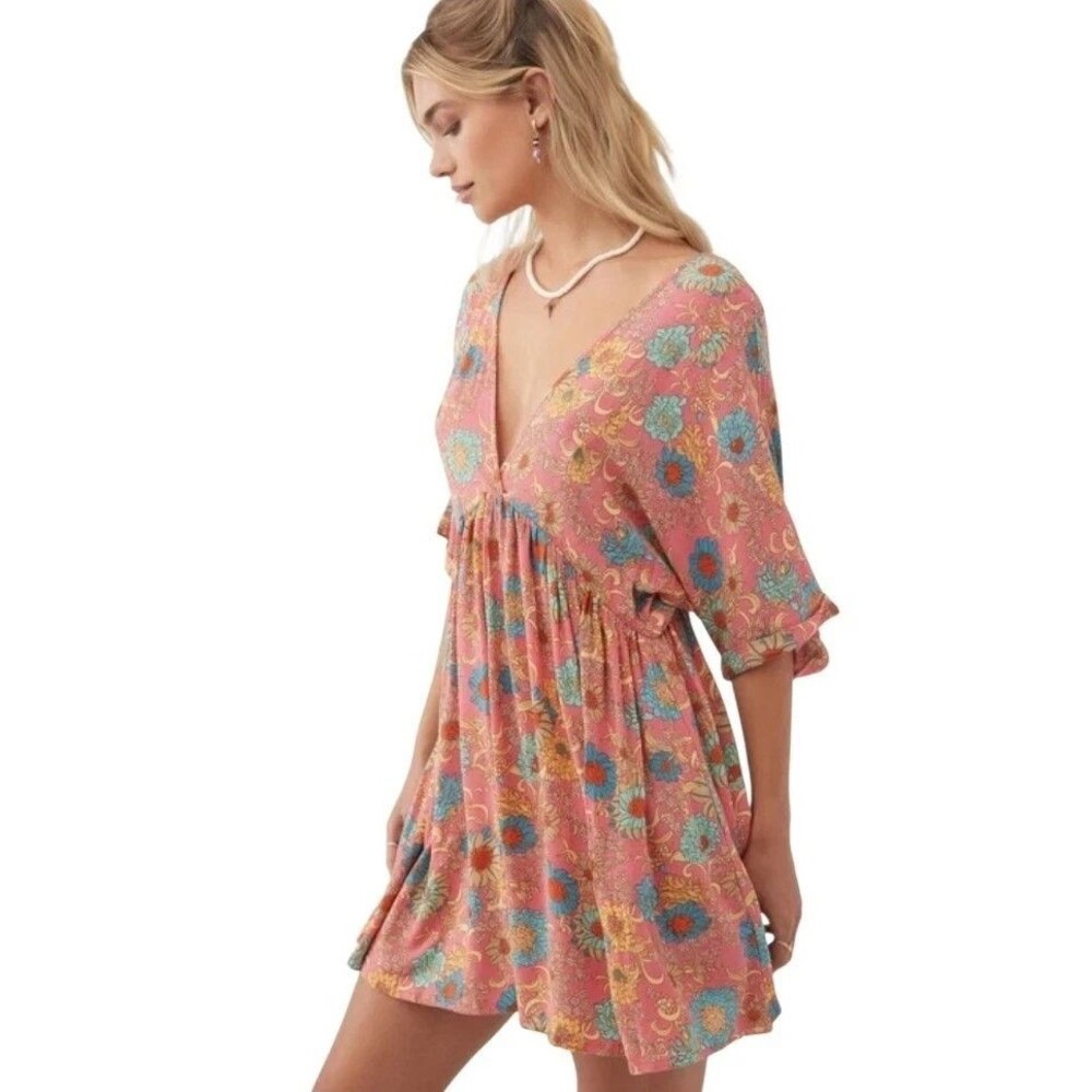 O'Neill Rosemary Belize Short Dress Size Medium Coral Pink Floral Tassel Tie